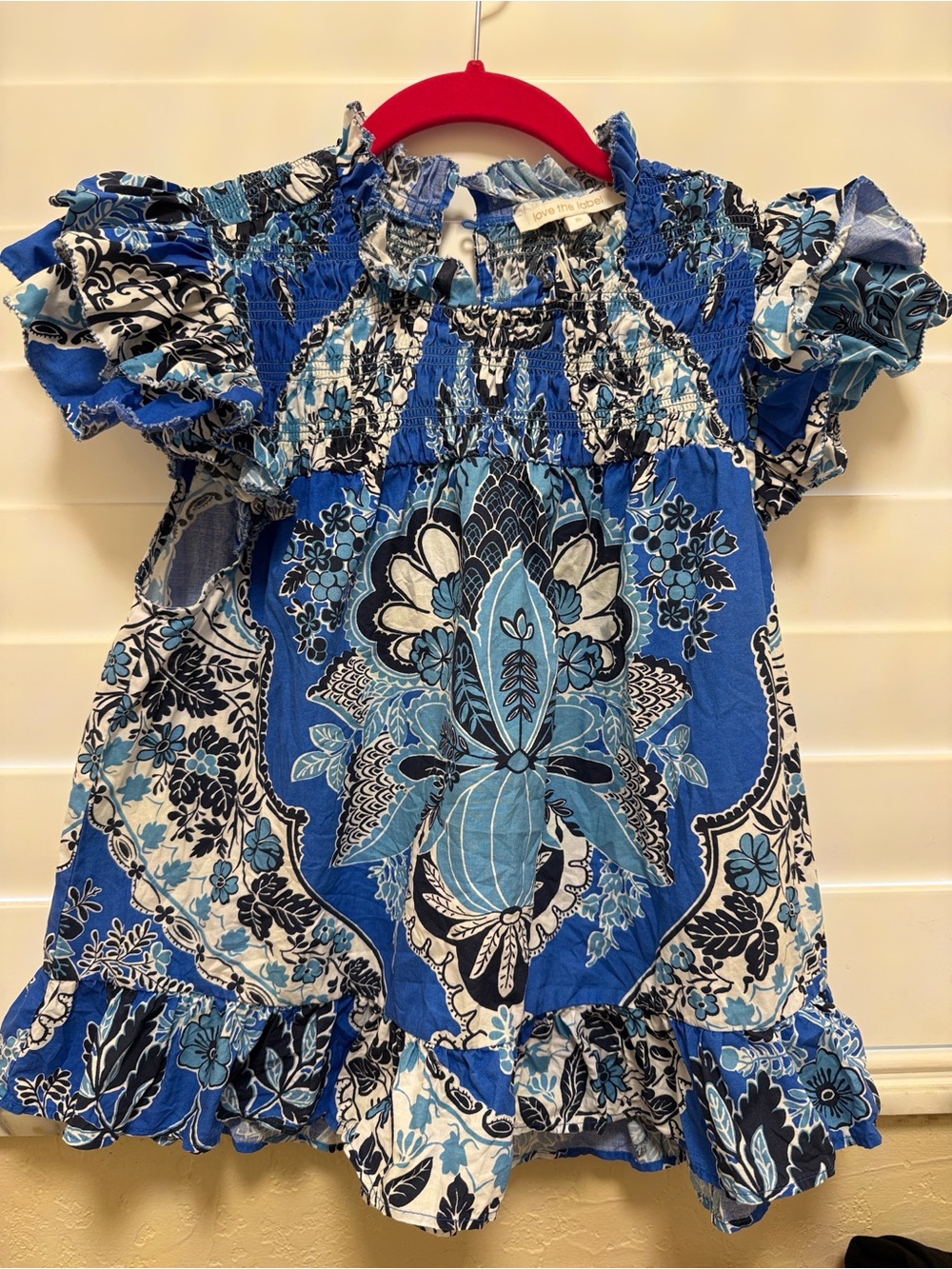 Anthropologie Love the Label Blue Floral Smocked Ruffle Blouse for Women small
